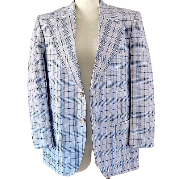 VINTAGE 70s blue plaid Sports Coat Blazer Suit jacket - Picture 14 of 15